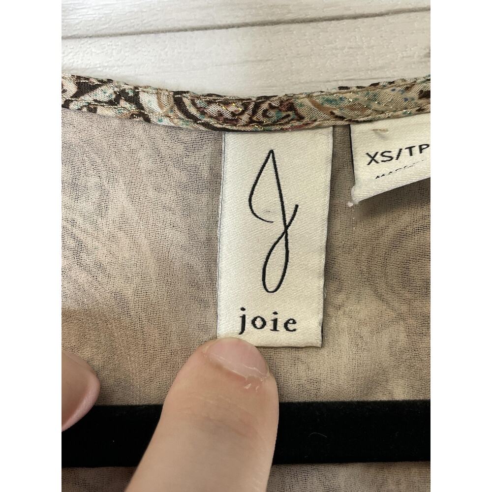 Joie Blouse Womens XS Brown Paisley Metallic Smocked Hem Long Sleeve V-Neck Tie - Picture 6 of 10
